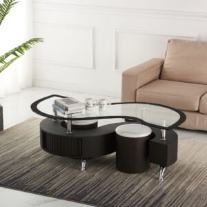Miami – Curved Style Glass Top & Two Stools – Black/White - Image 1